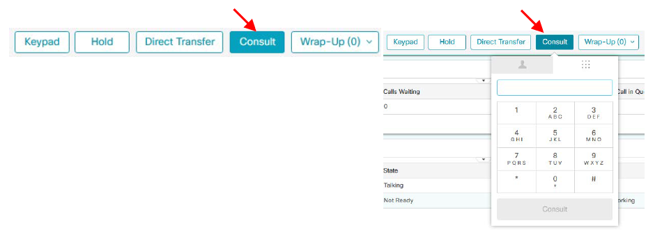 Call control bar with the 'Consult' button selected, and a pop-up dial pad displayed for entering a number to consult or conference another participant