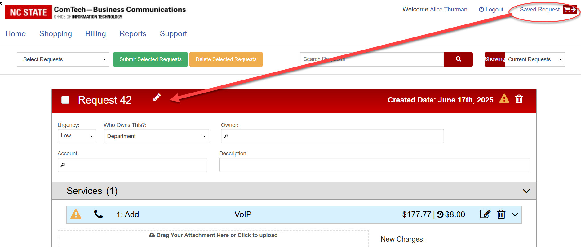 Customer Center request page highlighting the "Saved Request" cart icon in the top-right and a selected request labeled "Request 42" for editing.