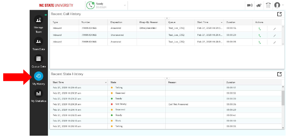 My History section selected in the left navigation, displaying recent call history and recent state history reports
