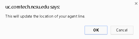 A confirmation dialog stating that the agent line location will be updated, with OK and Cancel buttons. 