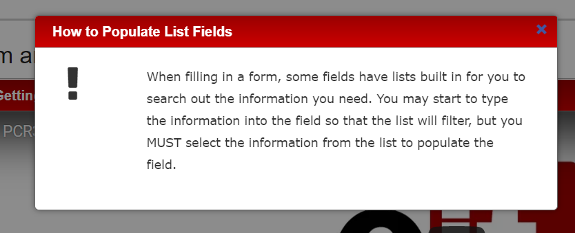 Pop-up window explaining how to populate list fields when completing a form.