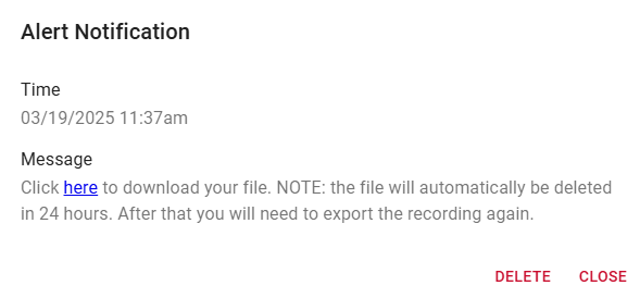 Alert Notification with "Click here..." to download the call recording