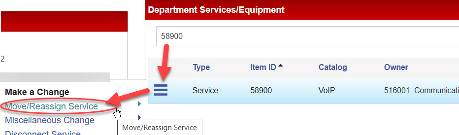 Actions menu for a service item opened using the three-line icon, showing the "Move/Reassign Service" option selected. 