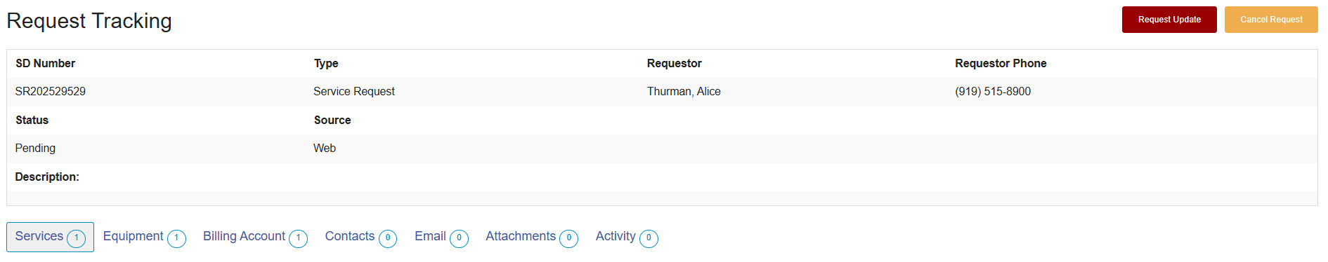 Request Details page showing summary information including requestor, status, and request details.