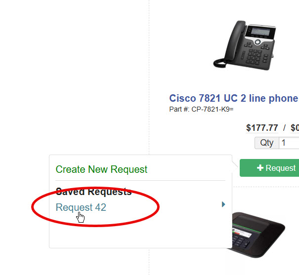 Equipment selection page showing a phone with the option to add it to a saved request.
