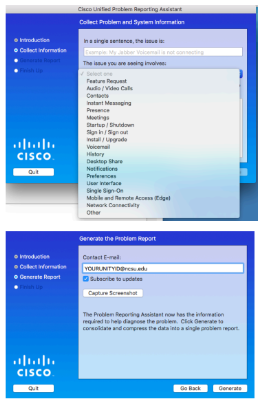 Cisco Unified Problem Reporting Assistant for Mac showing a dropdown list of problem areas and a Generate Problem Report screen with fields for contact email, subscription details, and a Capture Screenshot option