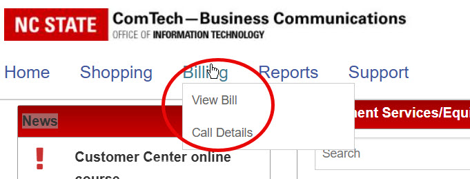 Billing menu expanded, showing the "View Bill" and "Call Details" options.