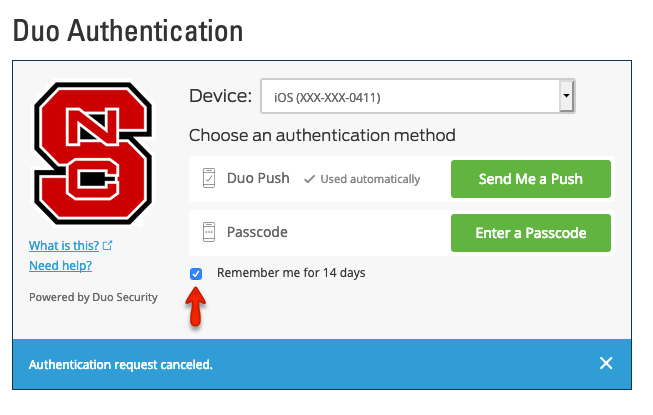 Duo authentication page with an arrow pointing to the Remember me for 14 days radio button.