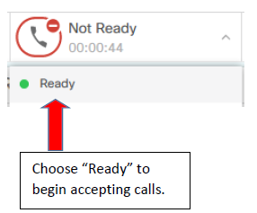 Agent status dropdown showing 'Not Ready' selected with the 'Ready' option available to begin accepting calls