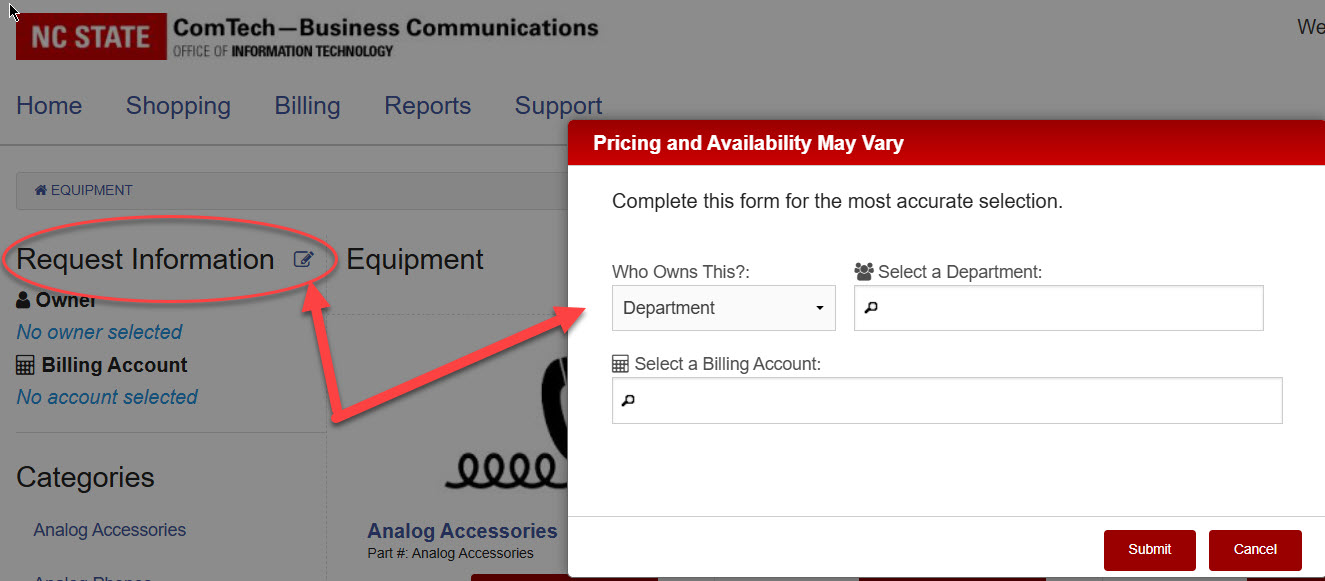 Request Information panel opened to select department and billing account for the request.