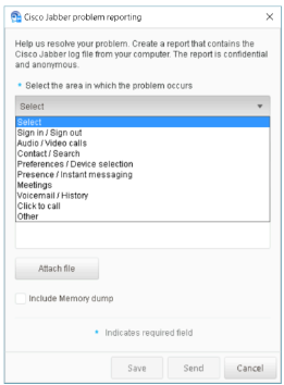 Cisco Jabber Problem Reporting window showing a dropdown menu labeled "Select the area in which the problem occurs" with options such as Sign in/Sign out, Audio/Video Calls, IM/Presence/Messaging, and Others