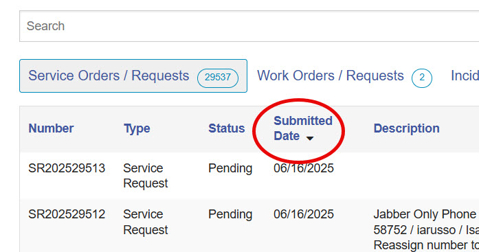 Service Orders and Requests table highlighting the "Submitted Date" column used for sorting requests.