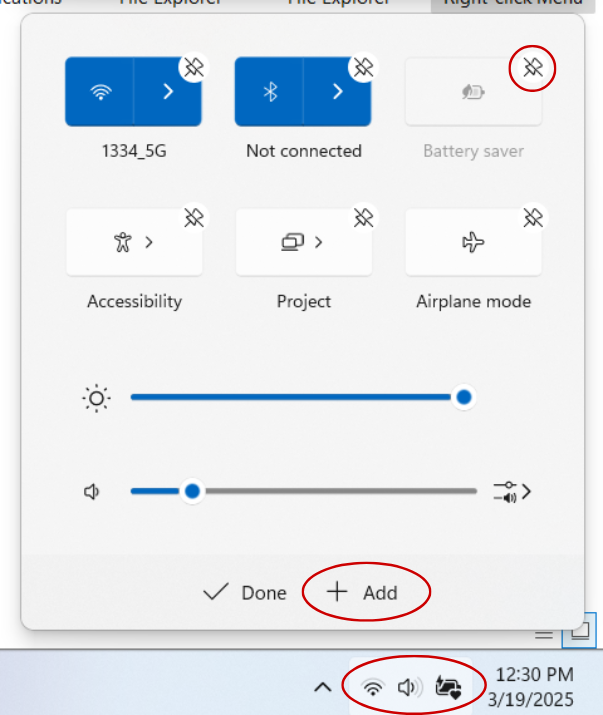 Screenshot of the Quick Settings menu. The Wi-Fi, volume and battery are circled to show how you access Quick Settings. The Unpin icon and Add button are circled.