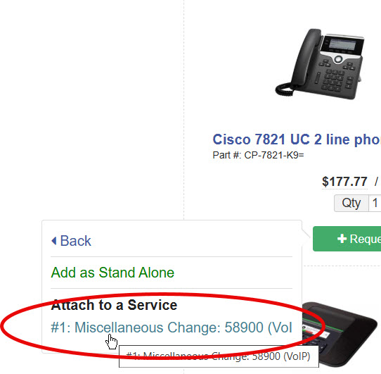 Equipment selection page showing the option to attach the item to an existing service in the saved request.