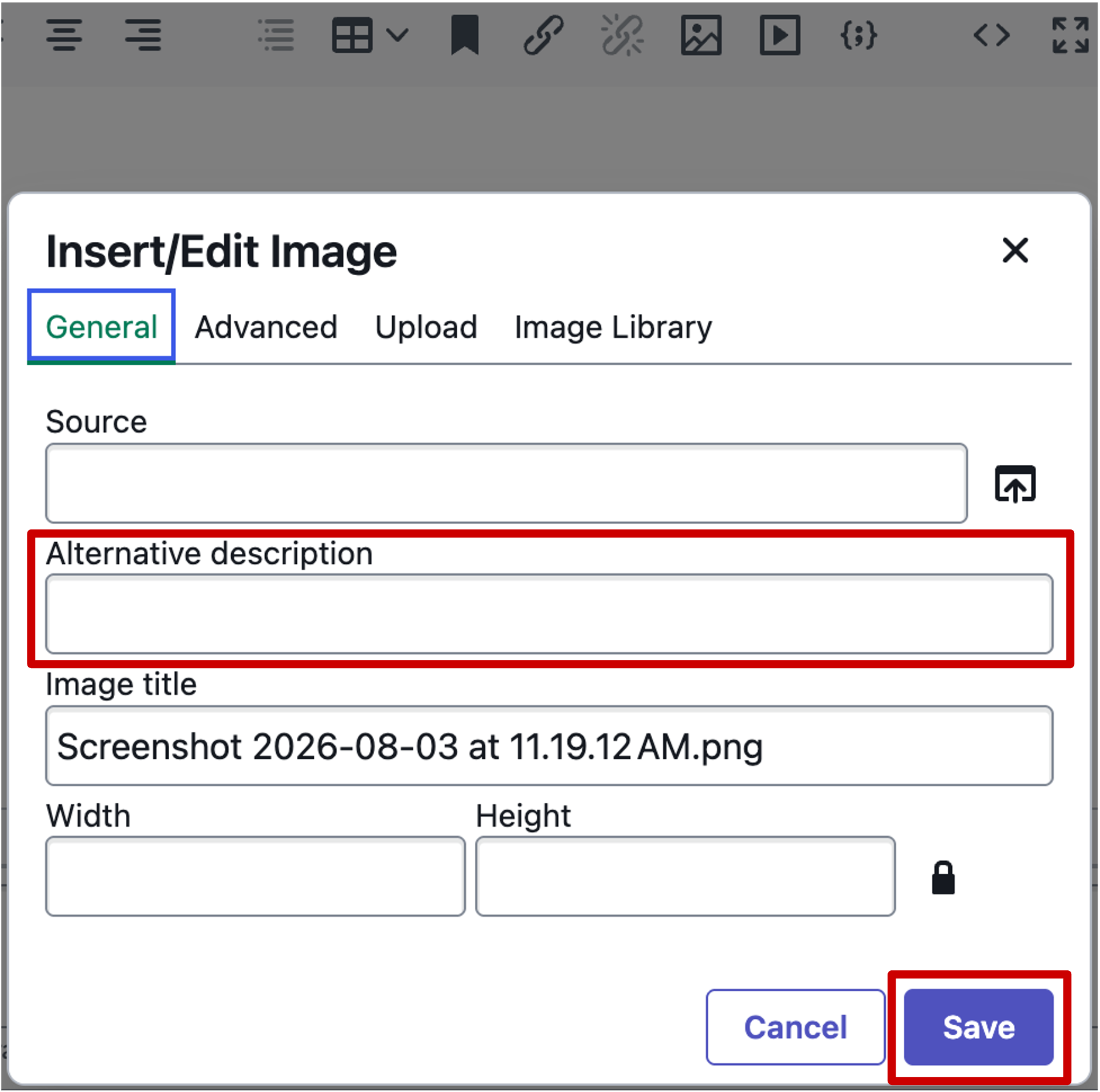 Screenshot of Insert/Edit Image window in ServiceNow's knowledge base article editor.