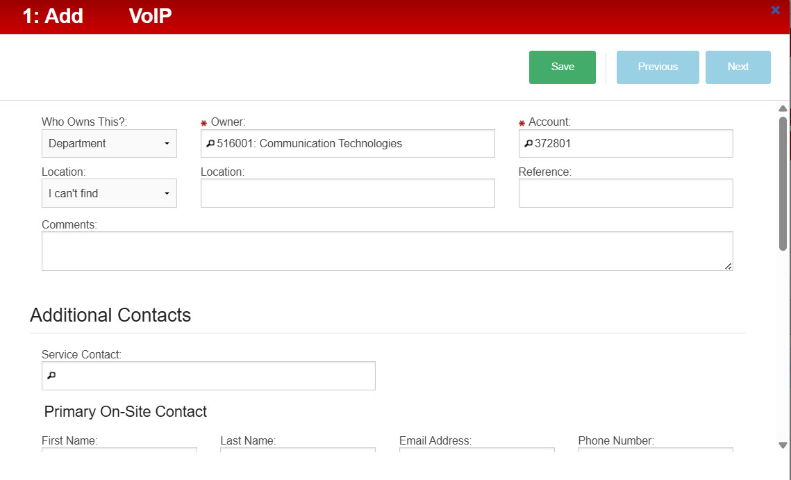 Edit Item Information form for a VoIP service showing fields for owner, account, location, and additional contact details with Save and navigation buttons. 