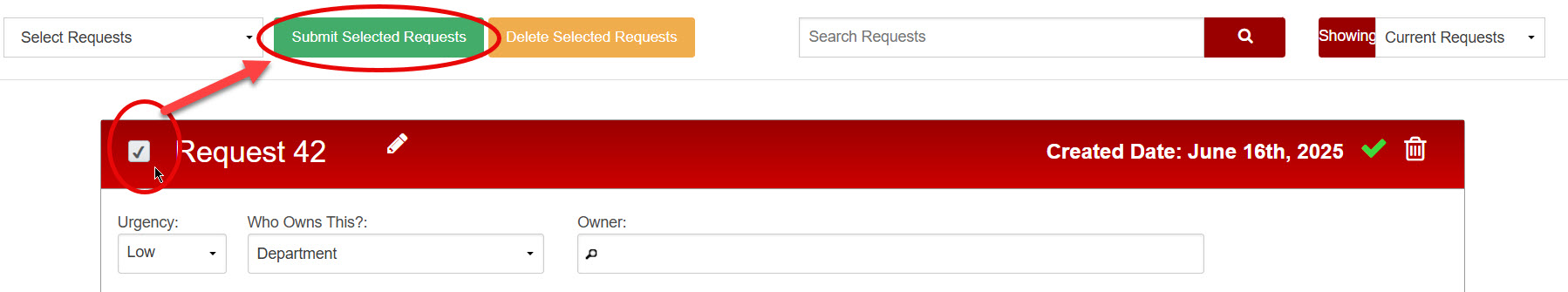 Request cart view highlighting selection checkbox and "Submit Selected Requests" button for submitting request 42.