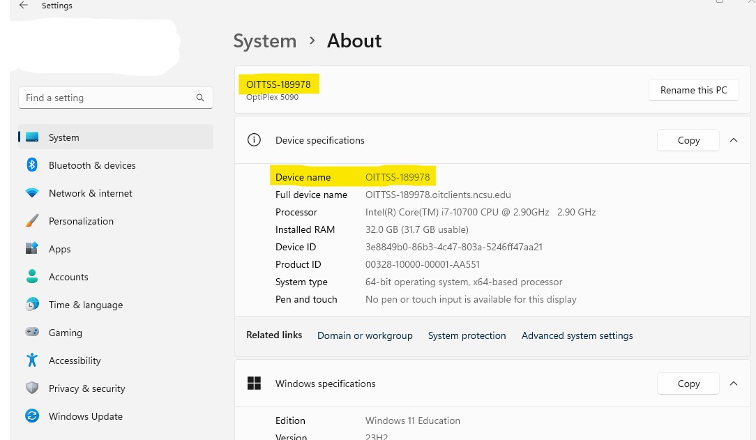 System - About - Computer Name screen