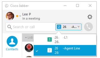 Cisco Jabber Multi-Line window with the Line dropdown expanded, showing multiple extensions and voicemail icons.