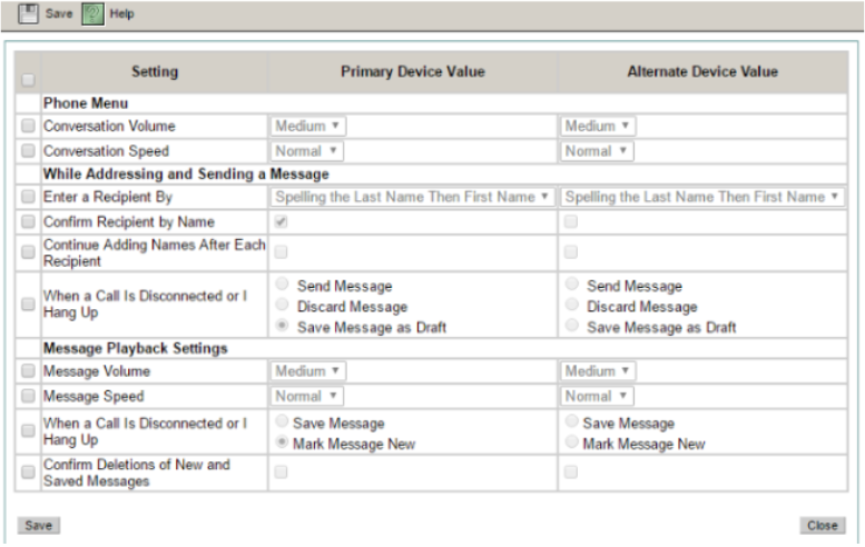 Cisco Unity Connection Advanced Settings window showing configurable option for conversation volume and speed, caller ID addressing, message playback settings, and separate primary and alternate device values with Save and Close buttons