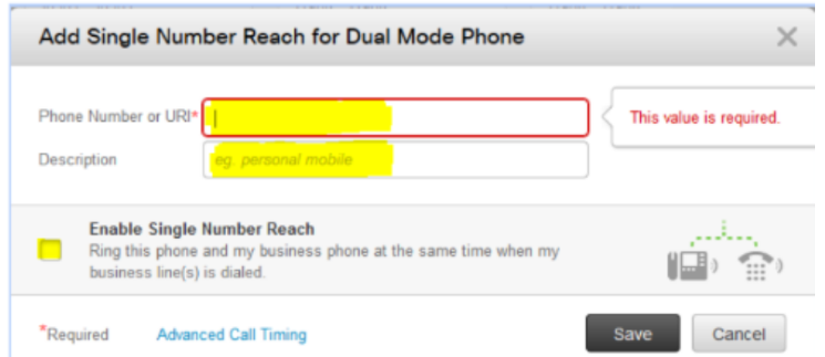 "Add Single Number Reach for Dual-Mode Phone" window in the myPhone Self Care Portal, showing fields for Phone Number or URI, Description, and an option to enable Single Number Reach.