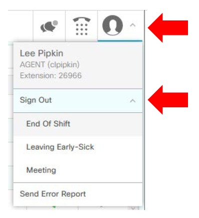 User profile menu open in the upper-right corner showing agent name, extension number, sign-out options with reason codes, and a link to send an error report
