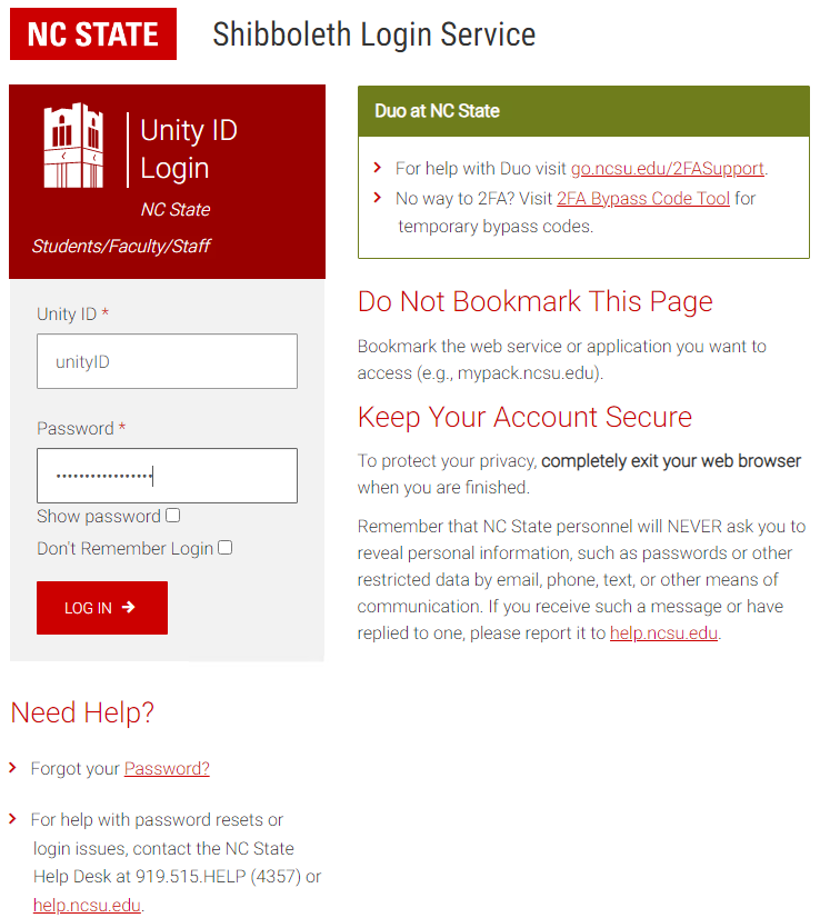 NC State Shibboleth login page prompting for Unity ID and password authentication. 