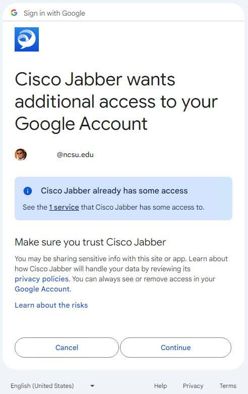 Prompt stating "Cisco Jabber wants additional access to your Google Account" with a Continue button to approve permissions. 