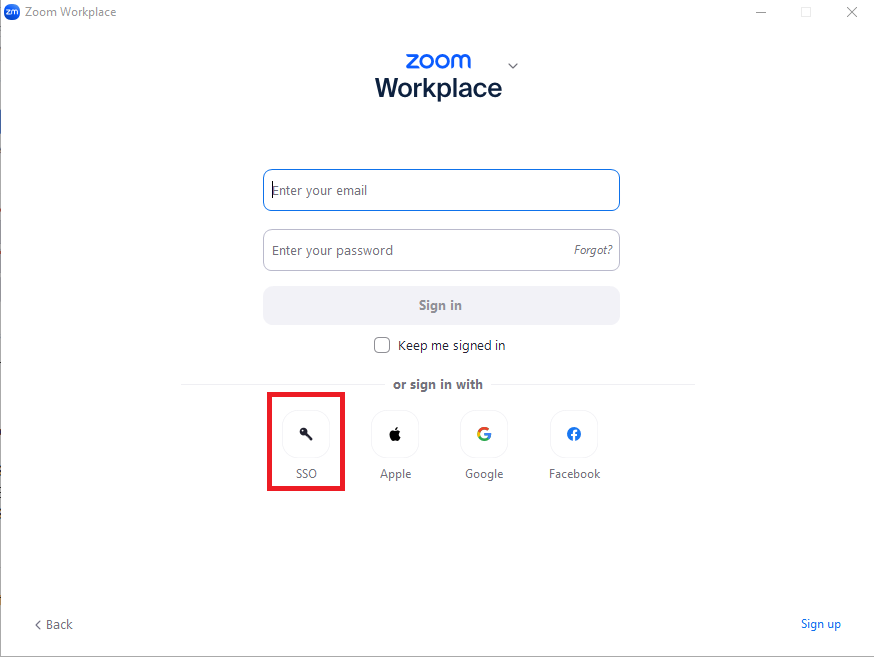 Zoom Sign In Page SSO highlighted