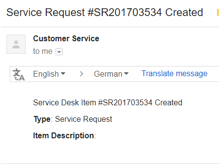 Email notification showing a service request created message with request details.