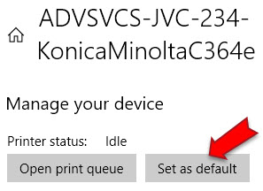 start menu printers and scanners manage set as default