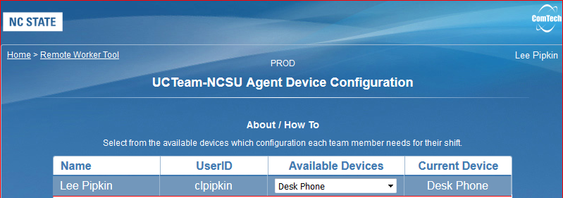 UC Team Agent Device Configuration page showing a shared desk phone selected from the Available Devices dropdown. 
