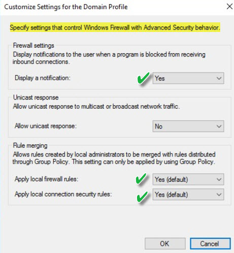 an image of the windows server settings showing the specific settings that have been enabled for host-based firewall