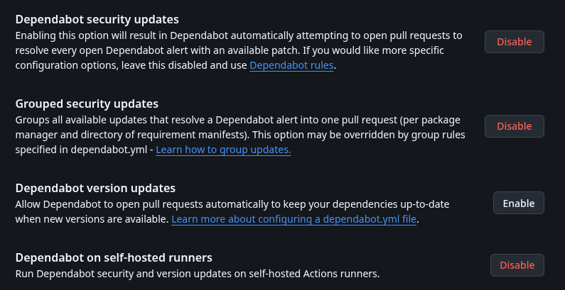 Screenshot of the GitHub security settings page, depicting the "Dependabot security updates" setting as enabled, the "Grouped security updates" setting as enabled, the "Dependabot version updates" setting as disabled, and the "Dependabot on self-hosted runners" setting as enabled.