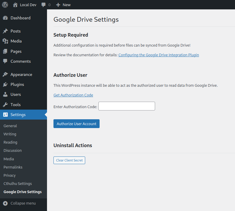 Screenshot showing the Settings section in WordPress to authorize a user.