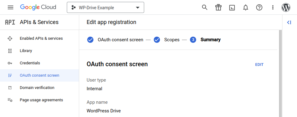 Screenshot showing summary of settings in Google Cloud