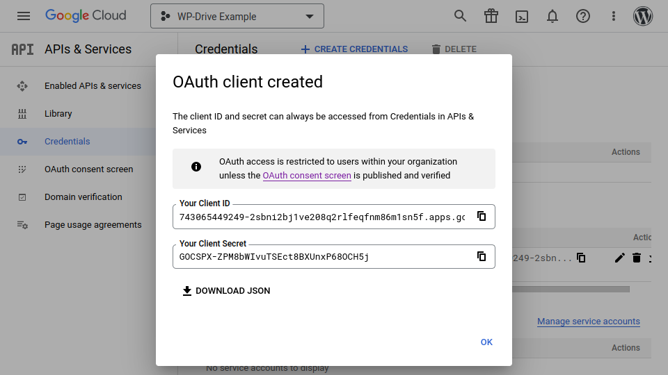 Screenshot showing client ID and client secret in Google Cloud