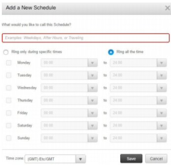 Add a New Schedule window displaying options to name the schedule and select specific days and times or ring all the time