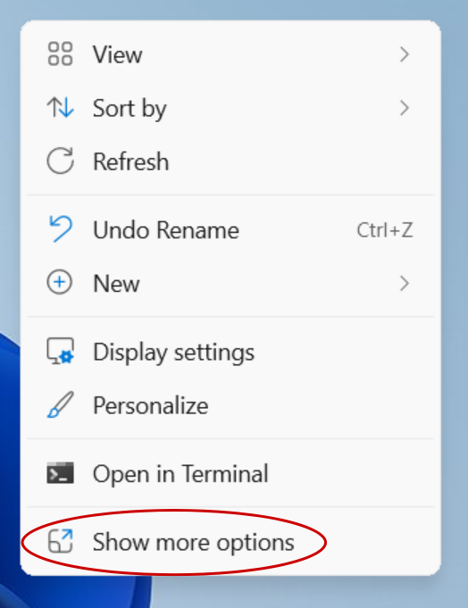 Screenshot of the right-click menu with "Show more options" circled.