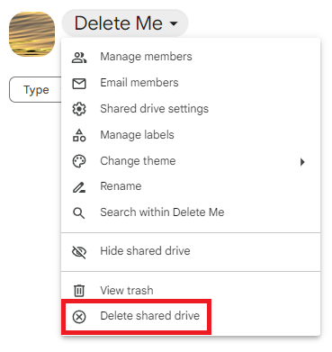 The shared drive dropdown menu expanded, showing 'Delete shared drive' as the selected item