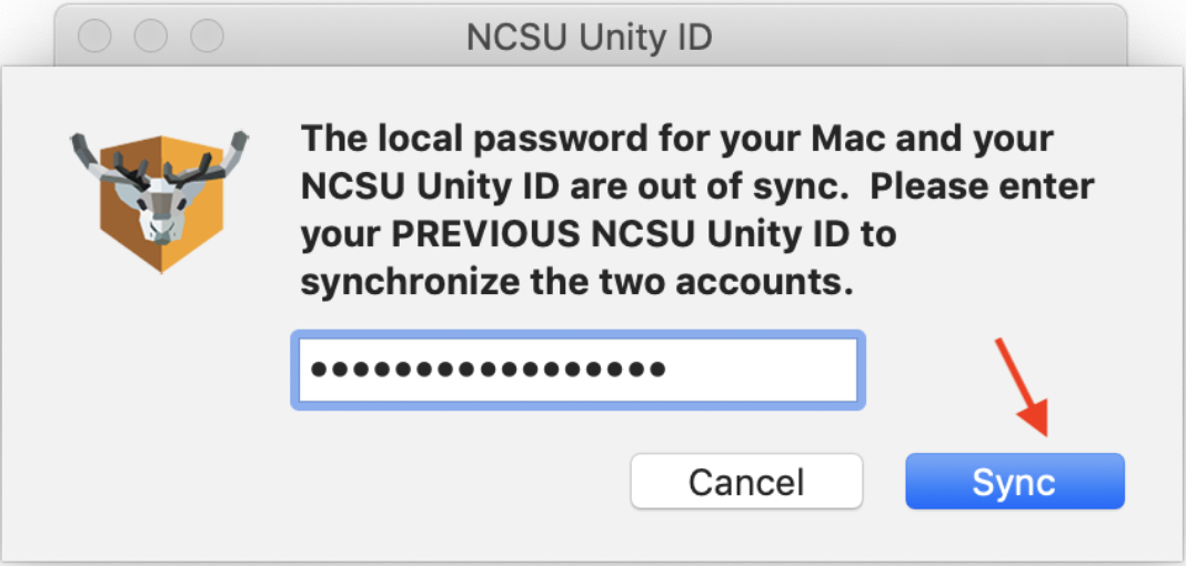 NCSU Unity prompt notifying the user that the passwords are out of sync