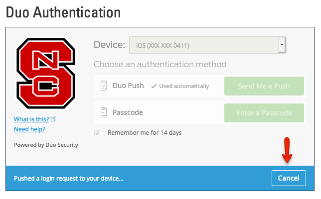 Duo authentication page with an arrow highlighting the blue Cancel button in the lower right corner.