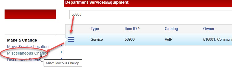 Actions menu for a service item opened using the three-line icon, showing the "Miscellaneous Change" option selected.