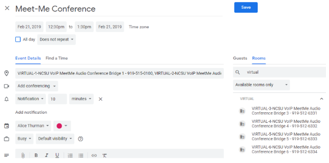 Google Calendar event editor showing the "Rooms" section with "Virtual" entered in the search field and a list of available Meet-Me conference bridges displayed. The selected room appears in the Location field of the event.