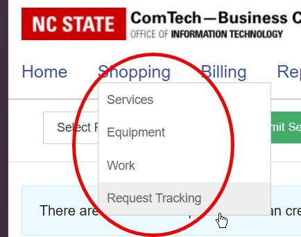 Shopping menu expanded, showing the "Request Tracking" option.