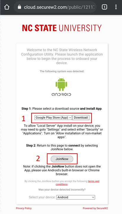 Image of eduroam enrollment site for Android devices