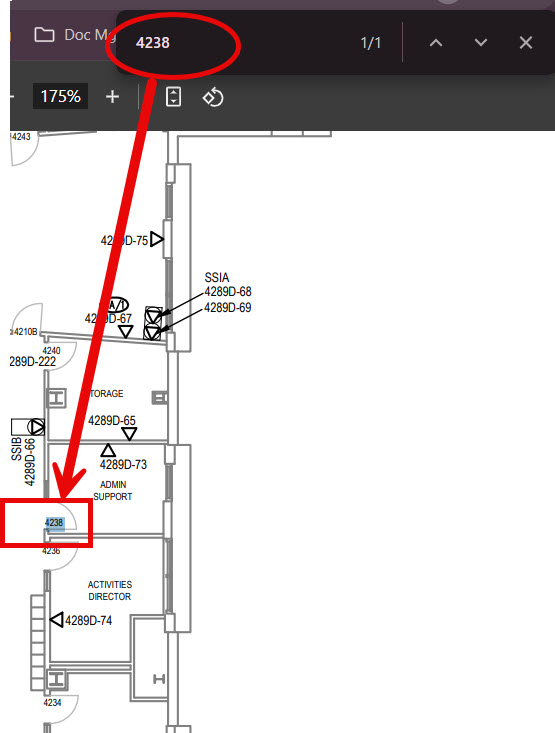Floor plan viewer showing room 4238 location highlighted within the building layout.
