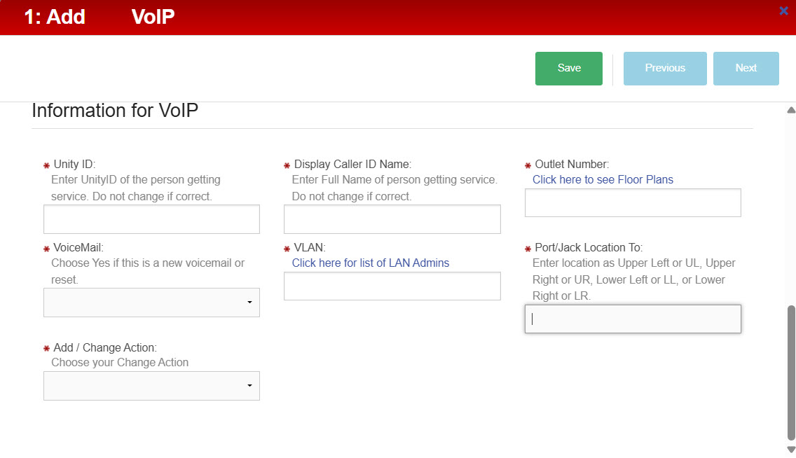 VoIP configuration form displaying required fields such as Unity ID, caller ID name, VLAN, and port location within the Edit Item Information section. 