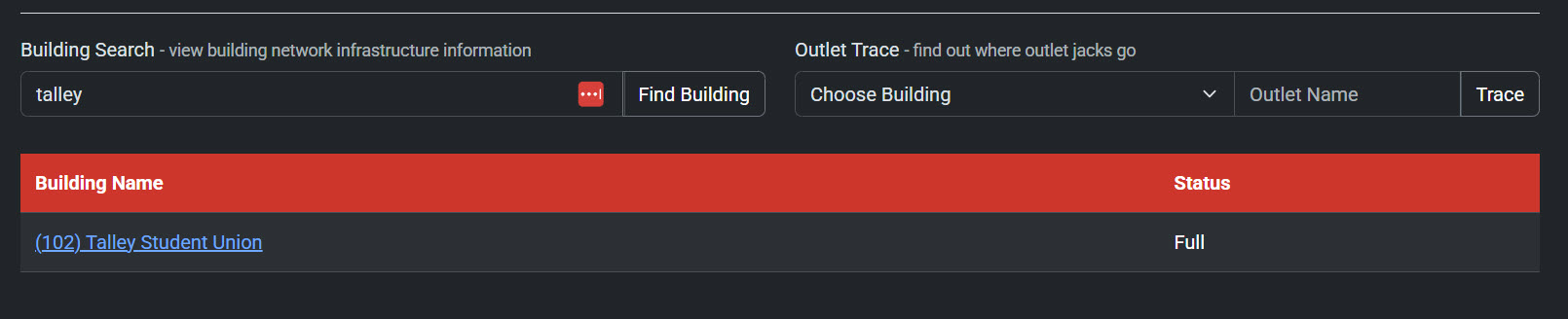 Building search results showing "102 Talley Student Union" selected after searching for "talley."