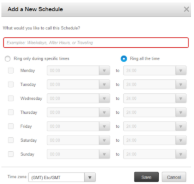 "Add a New Schedule" window showing options to name the schedule, select "Ring only during specific times," and configure days and time ranges.